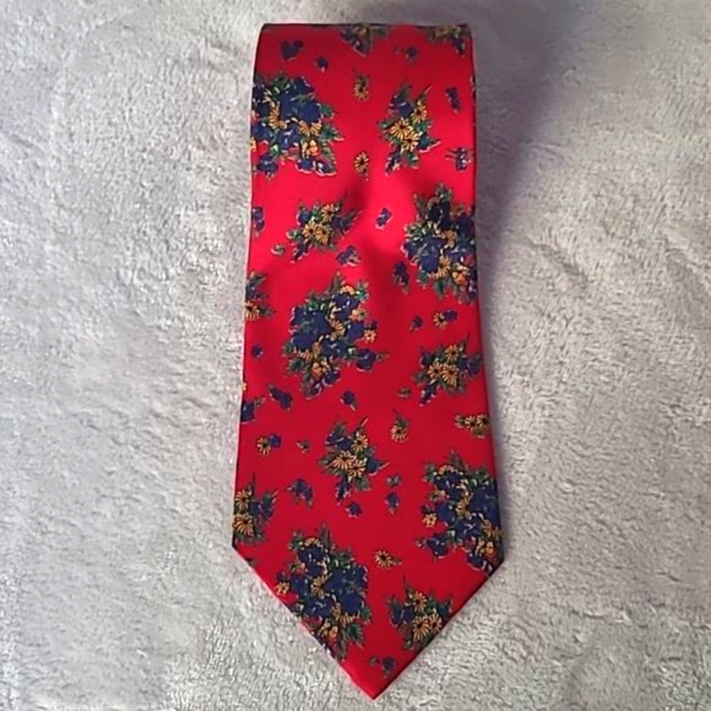Vintage Adolfo 100% Silk Handsewn Men's Necktie Red Floral Print Repp Tie Luxury
